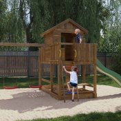 Casa de juegos de madera Fungoo Mars con tobogán, columpio, mesa de picnic y columpio - 4