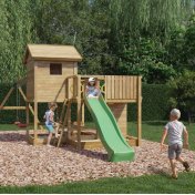 Casa de juegos de madera Fungoo Pluto con tobogán, dos columpios, mesa de picnic, columpio y arenero - 4