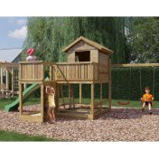 Casa de juegos de madera Fungoo Pluto con tobogán, dos columpios, mesa de picnic, columpio y arenero - 5