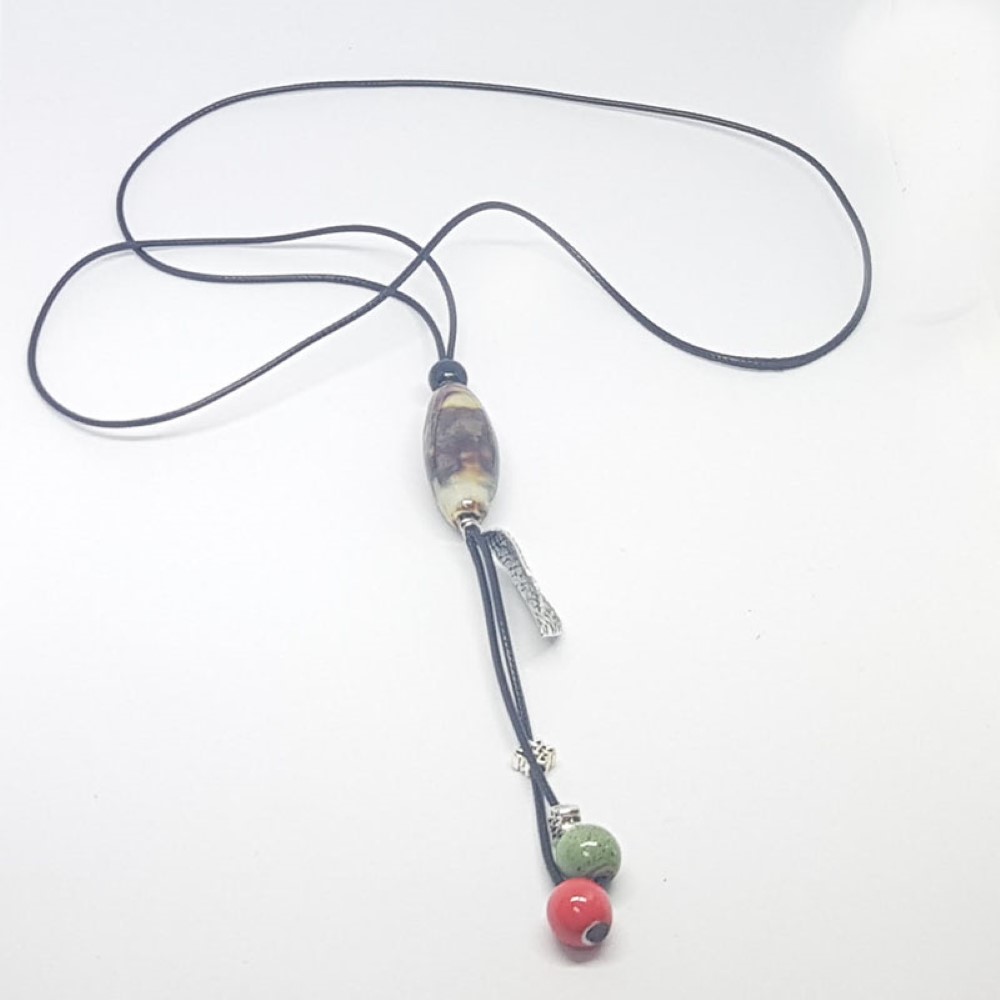 Collar Piedras Marron Hoja Plata Final Coral Verde
