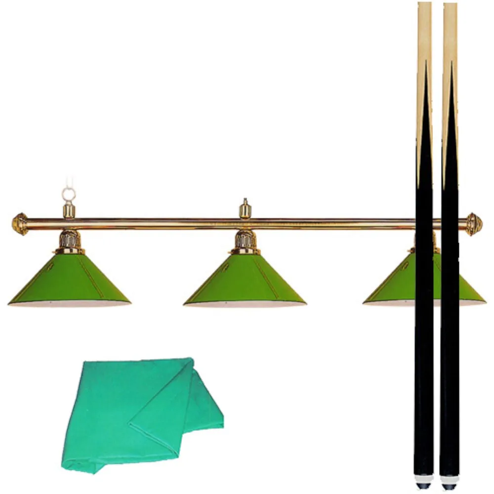Pack Lampara Billar 3 Tulipas Latón Verde + Taco + Funda Billar
