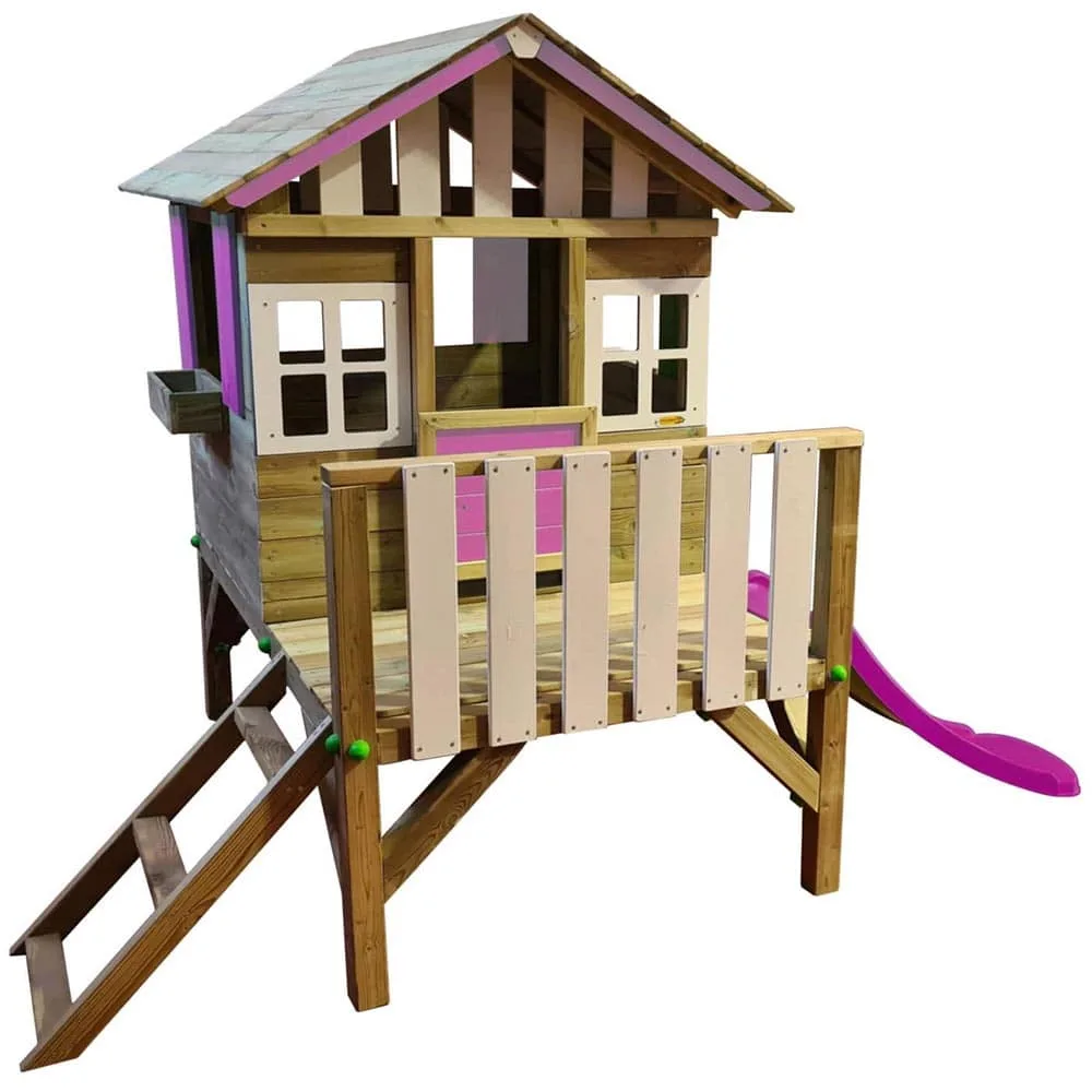 Casita infantil elevada de madera Masgames Lollipop rosa con tobogán