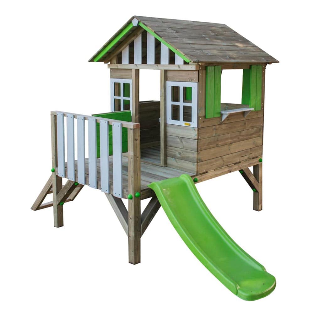 Casita infantil elevada de madera Masgames Lollipop verde con tobogán