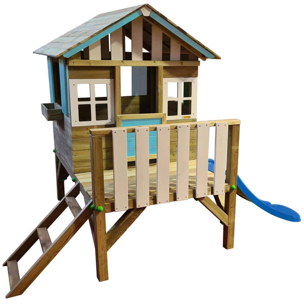 Casita infantil elevada de madera Masgames Lollipop azul con tobogán