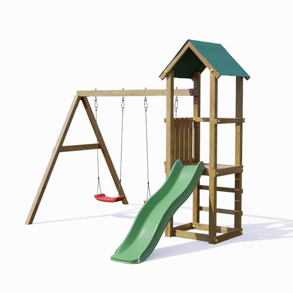 Torreta de juegos de jardín de madera Lucas con tobogán doble oscilante