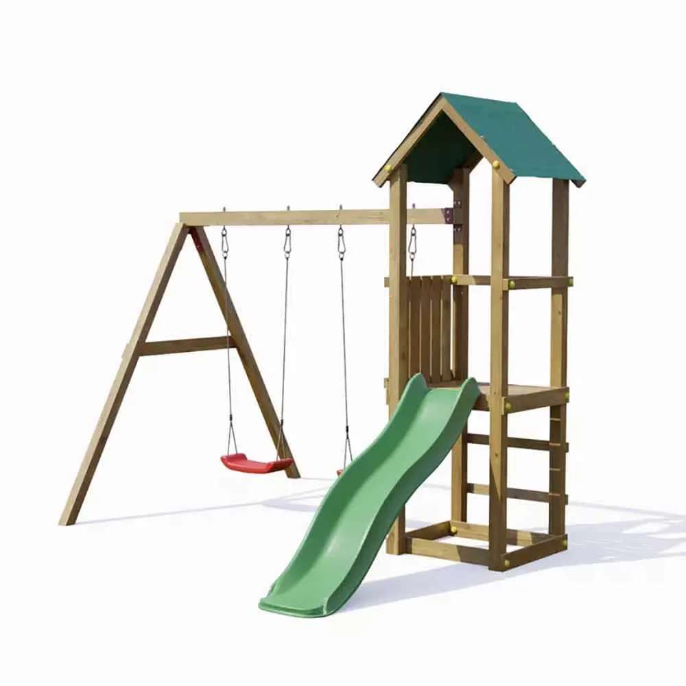 Torreta de juegos de jardín de madera Lucas con tobogán doble oscilante