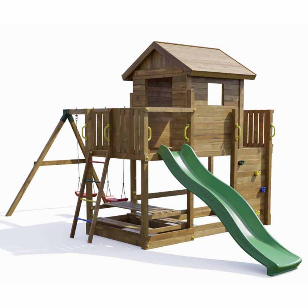Casa de juegos de madera Fungoo Mars con tobogán, columpio, mesa de picnic y columpio
