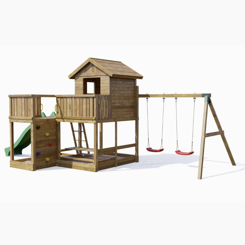 Casa de juegos de madera Fungoo Pluto con tobogán, dos columpios, mesa de picnic, columpio y arenero