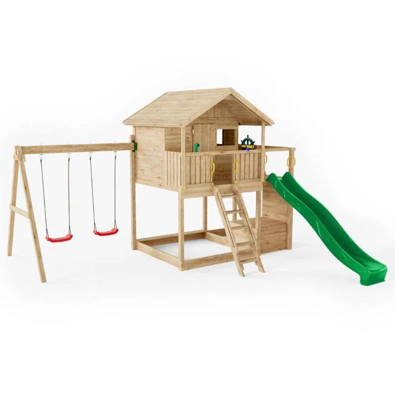 Casita de juegos de madera Fungoo Sunshine con tobogán y dos columpios XX-1