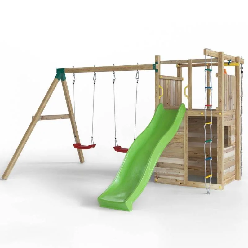 Parque infantil de madera Fungoo Houser con tobogán, dos columpios y casita de juegos