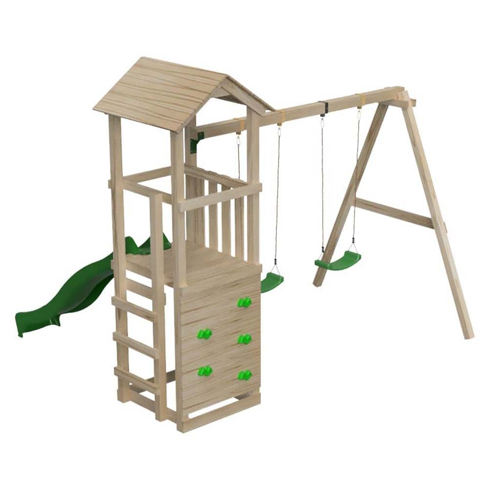 Parque infantil Masgames Carlit L con techo de madera con columpio doble y pared de escalada