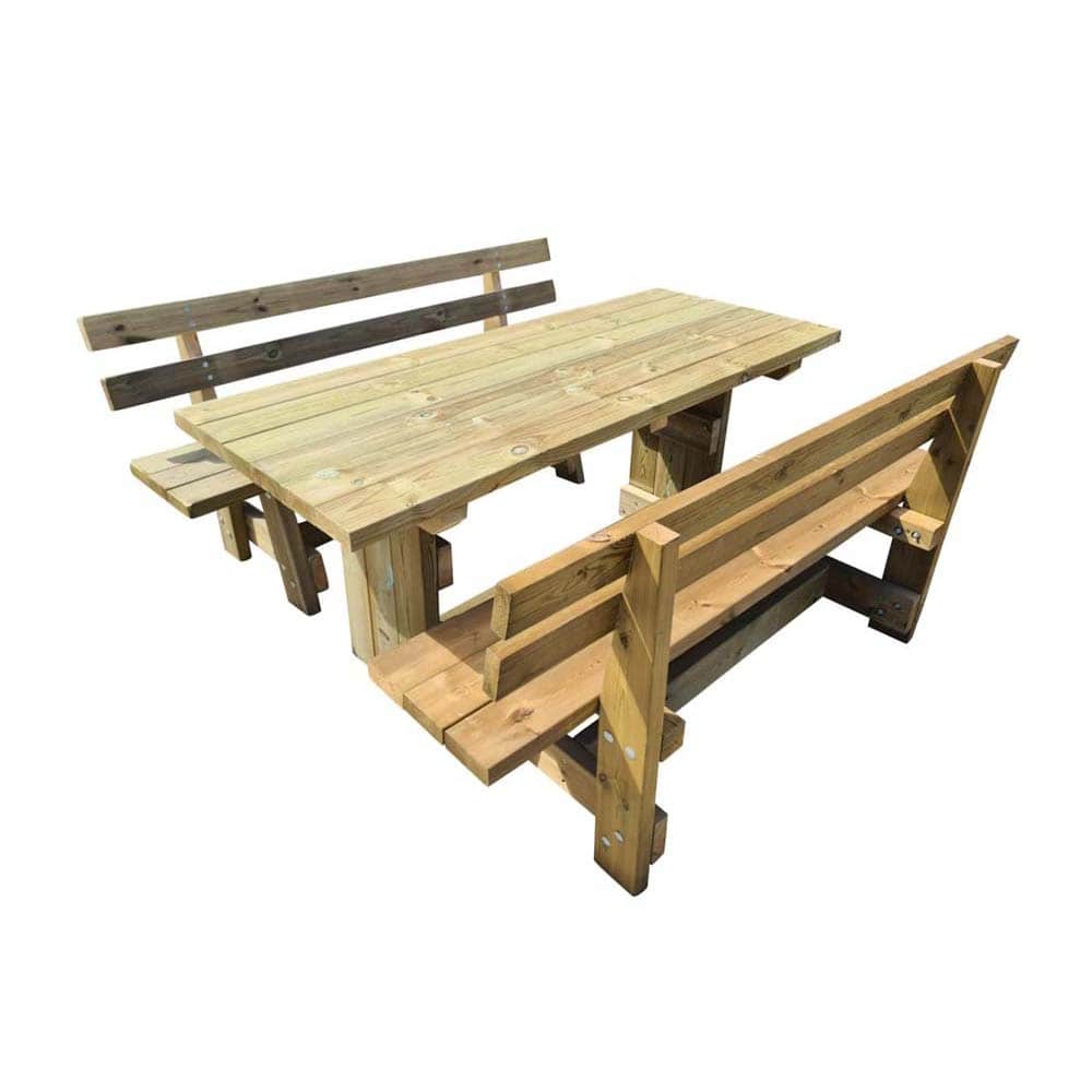 Mesa de madera exterior Masgames Calella con bancos con respaldo Vic
