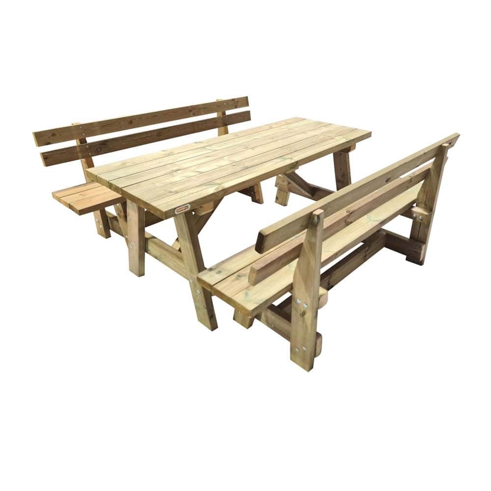 Mesa de madera Masgames Zurich con bancos con respaldo Vic